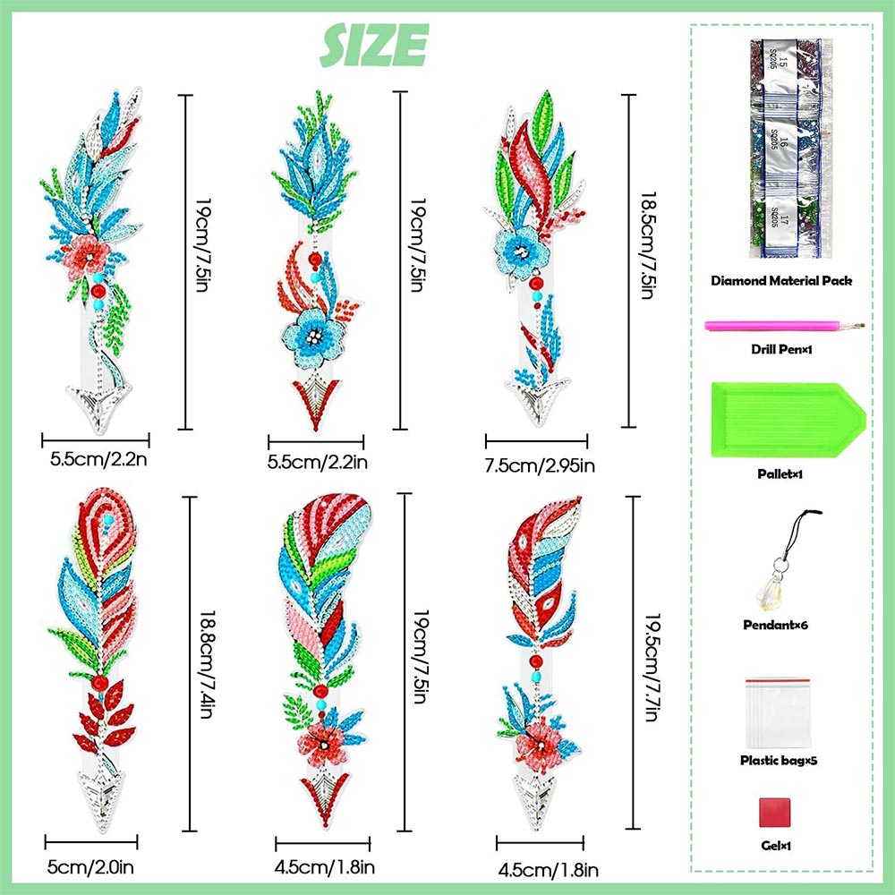 5D Diamond Painting Lesezeichen – Florale Pfeilfedern im 6er-Set, Unique-Diamond