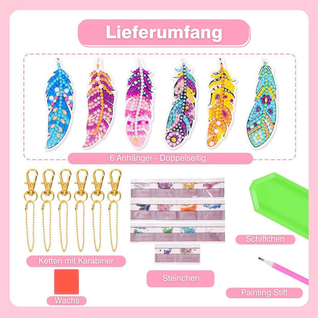 5D Diamond Painting Anhänger – Federzauber in Farbenpracht 6 Stück, Unique-Diamond