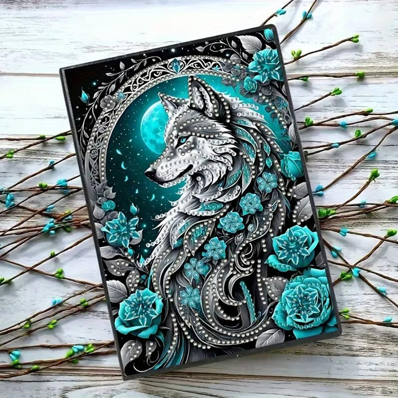 Diamond Painting Notizbuch – Mondwolf Eleganz, Unique-Diamond