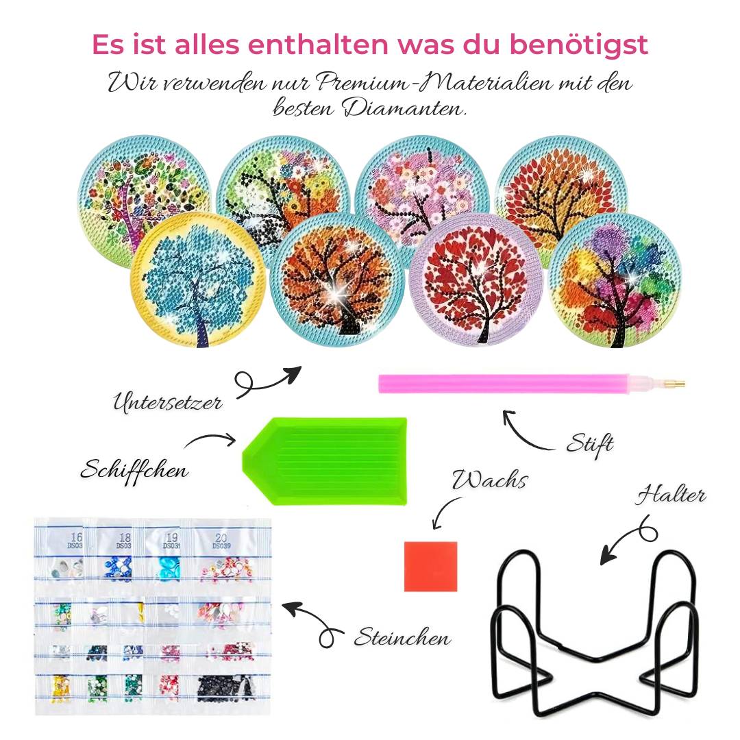 5D Diamond Painting Untersetzer – Baumzauber im Jahreslauf, Unique-Diamond