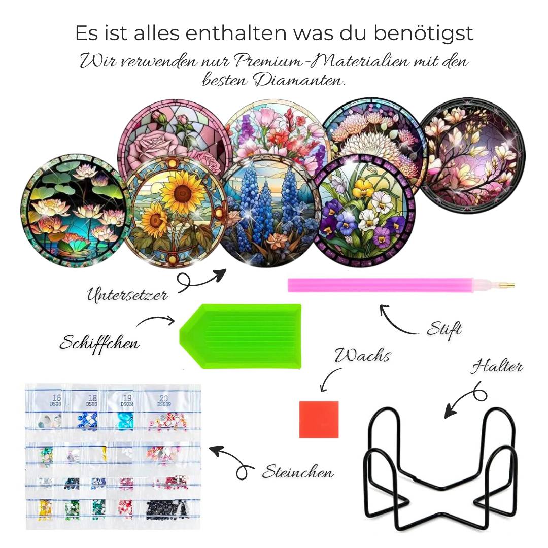 5D Diamond Painting Untersetzer – Blumen im Glasfenster, Unique-Diamond