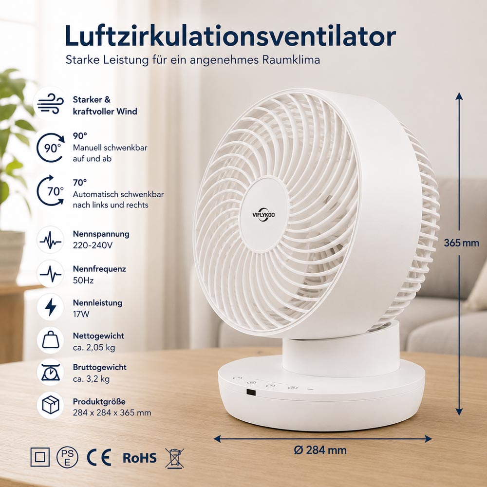 VIFLYKOO / ROVLAK Luftzirkulationsventilator – 3 Stufen, Timer & Fernbedienung | LF1