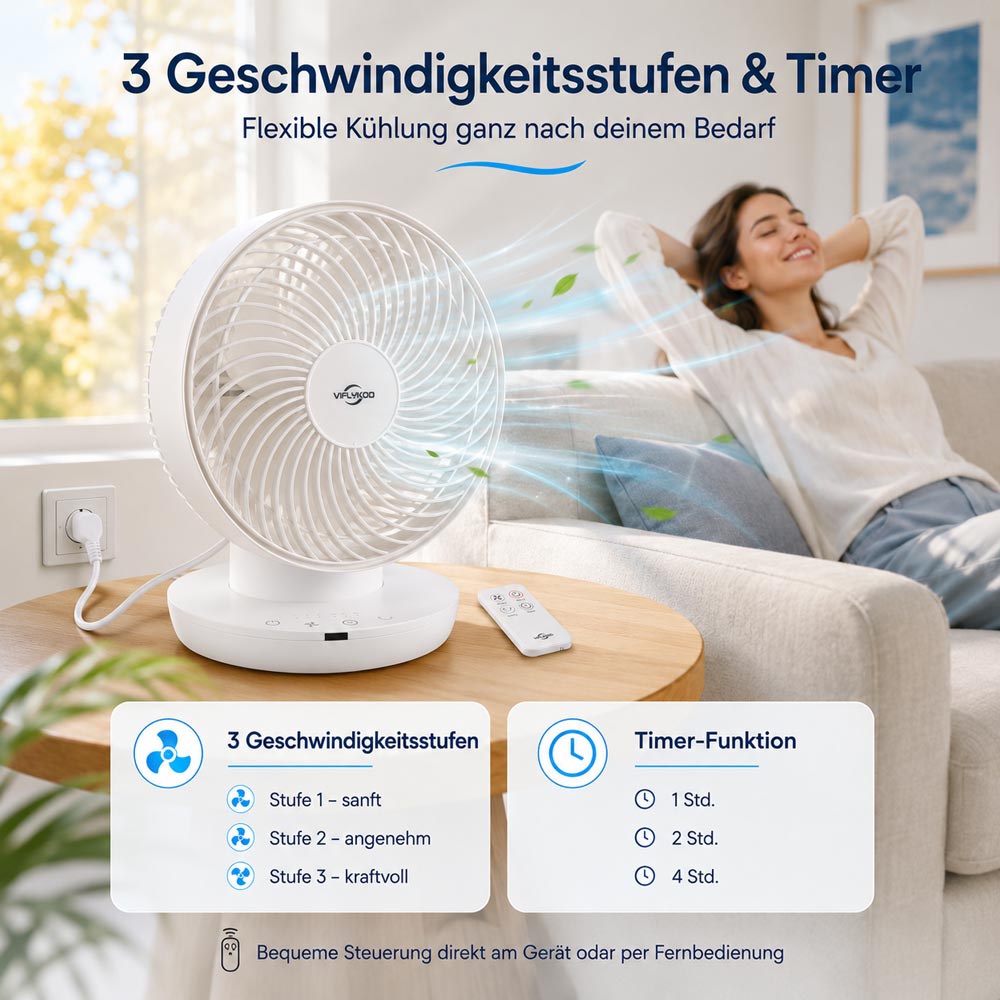 VIFLYKOO / ROVLAK Luftzirkulationsventilator – 3 Stufen, Timer & Fernbedienung | LF1
