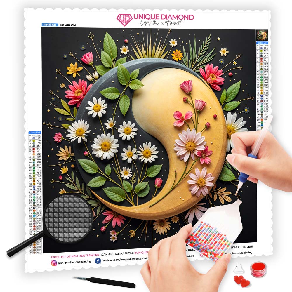 5D Diamond Painting AB-Effekt – Blüten-Yin und Yang mit 100 Farben, Unique-Diamond