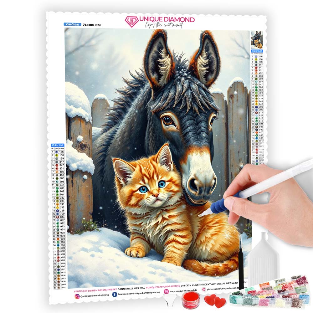 5D Diamond Painting AB Effekt – Winterfreunde: Esel & Kätzchen, Unique-Diamond