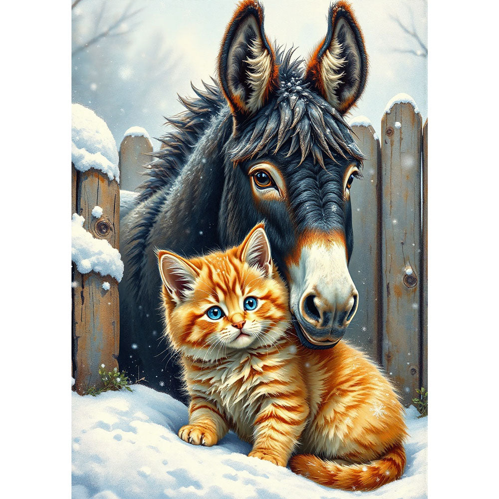 5D Diamond Painting AB Effekt – Winterfreunde: Esel & Kätzchen, Unique-Diamond