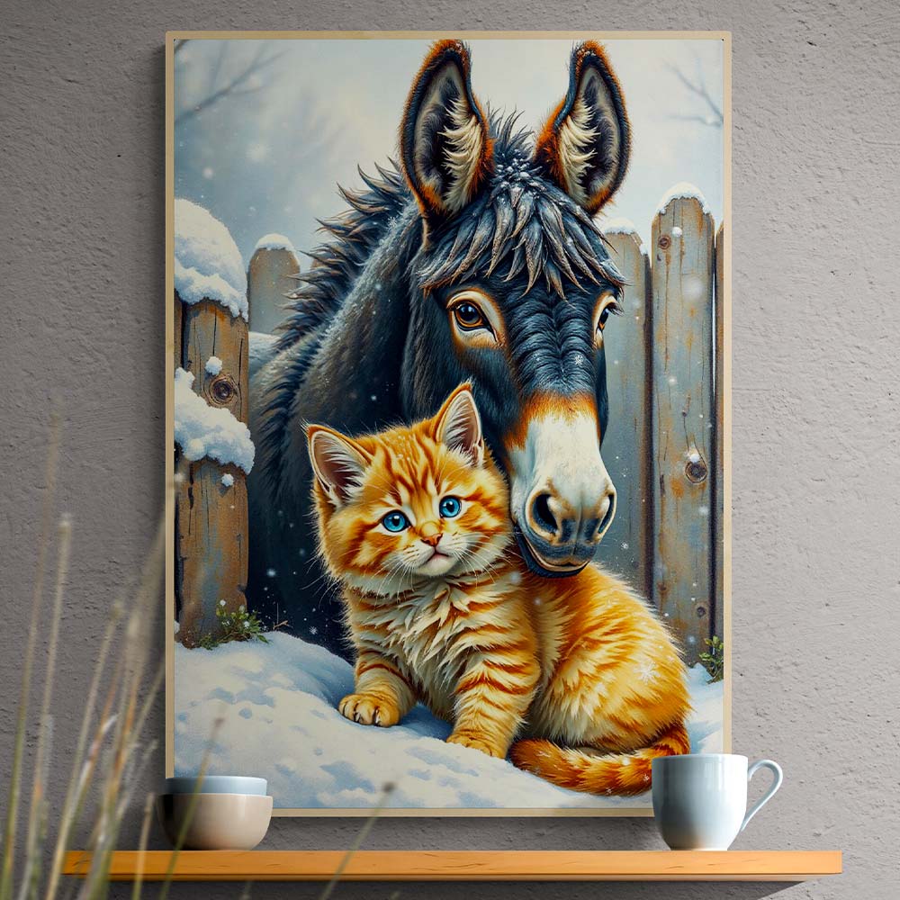 5D Diamond Painting AB Effekt – Winterfreunde: Esel & Kätzchen, Unique-Diamond