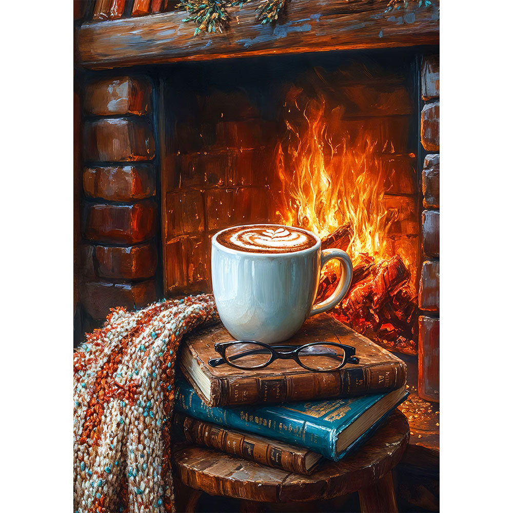 5D Diamond Painting AB Steine - Gemütlicher Kaffee am Kamin, Unique-Diamond