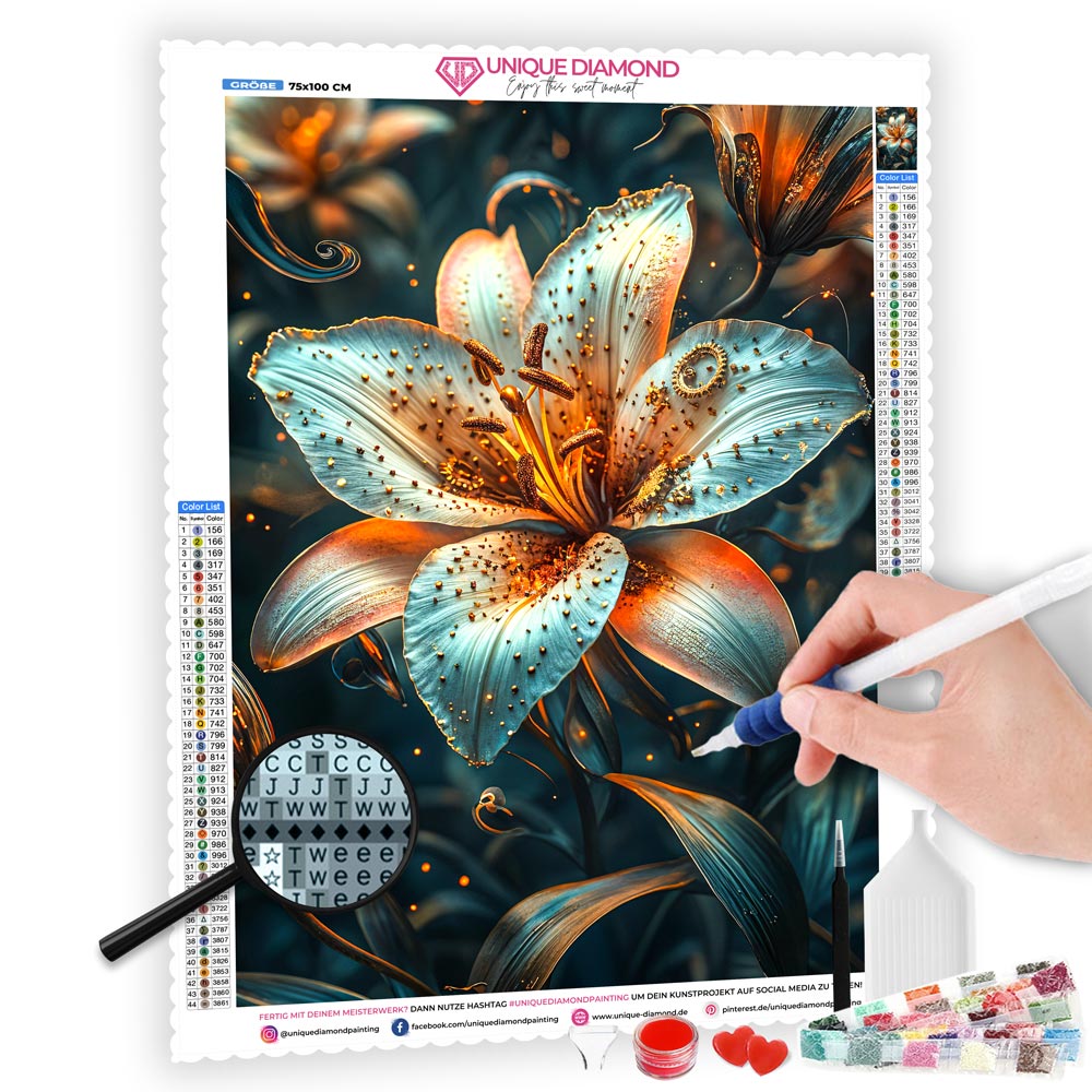  5D Diamond Painting AB Steine - Verzauberte Glitzerblume mit 100 Farben, Unique-Diamond