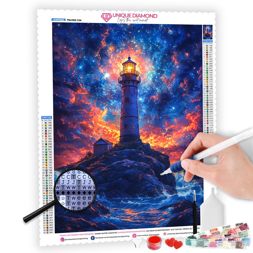 5D Diamond Painting AB Steine - Leuchtturm unter Sternenhimmel mit 100 Farben, Unique-Diamond