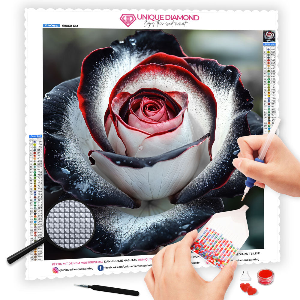 5D Diamond Painting AB Steine - Mystische Schwarz-Weiß-Rose mit 100 Farben, Unique-Diamond