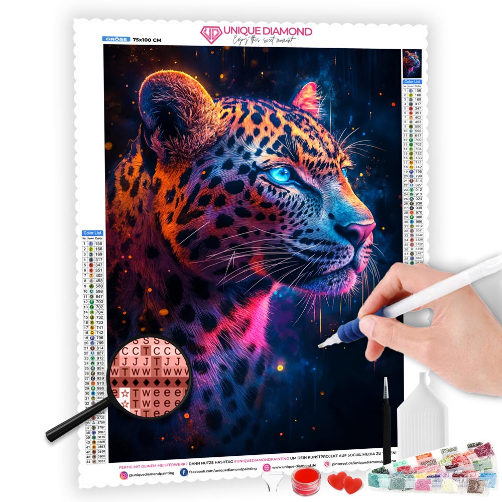 5D Diamond Painting AB Steine - Neonleopard mit 100 Farben, Unique-Diamond