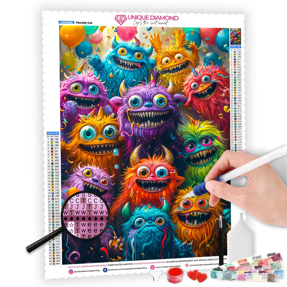 5D Diamond Painting AB Steine - Monster-Party mit 100 Farben, Unique-Diamond