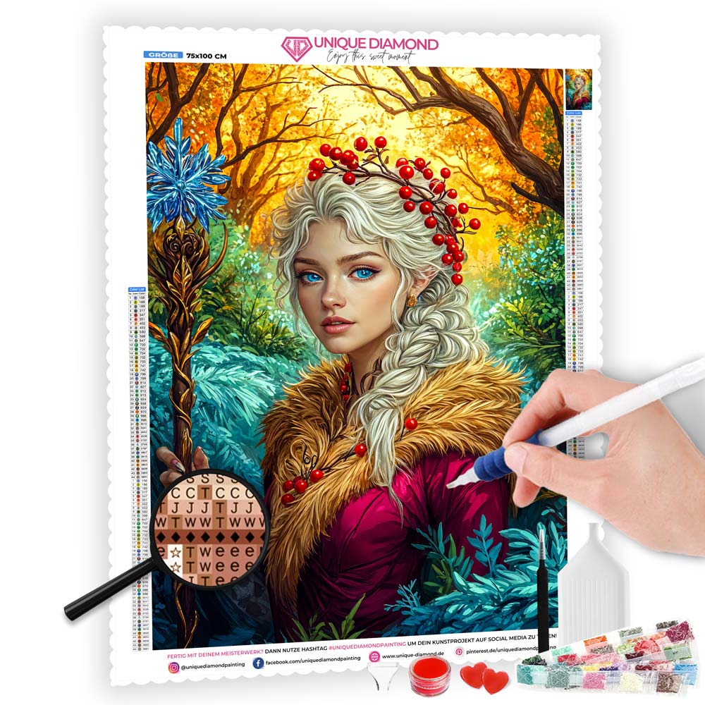 5D Diamond Painting AB Steine - Waldelfenprinzessin in Herbstlandschaft mit 100 Farben, Unique-Diamond