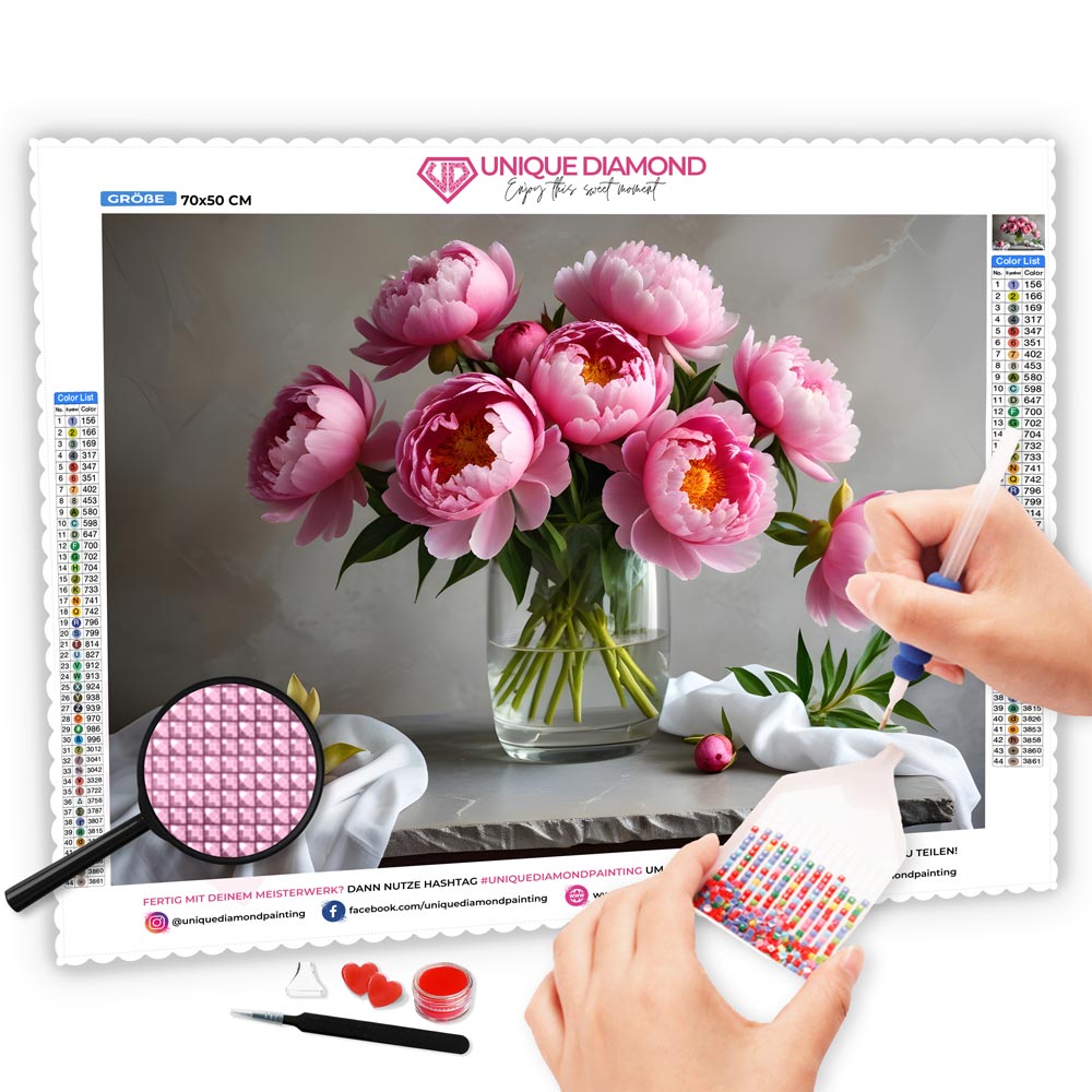 5D Diamond Painting AB Steine A Bouquet Of Vibrant Pink Peonies, Unique-Diamond