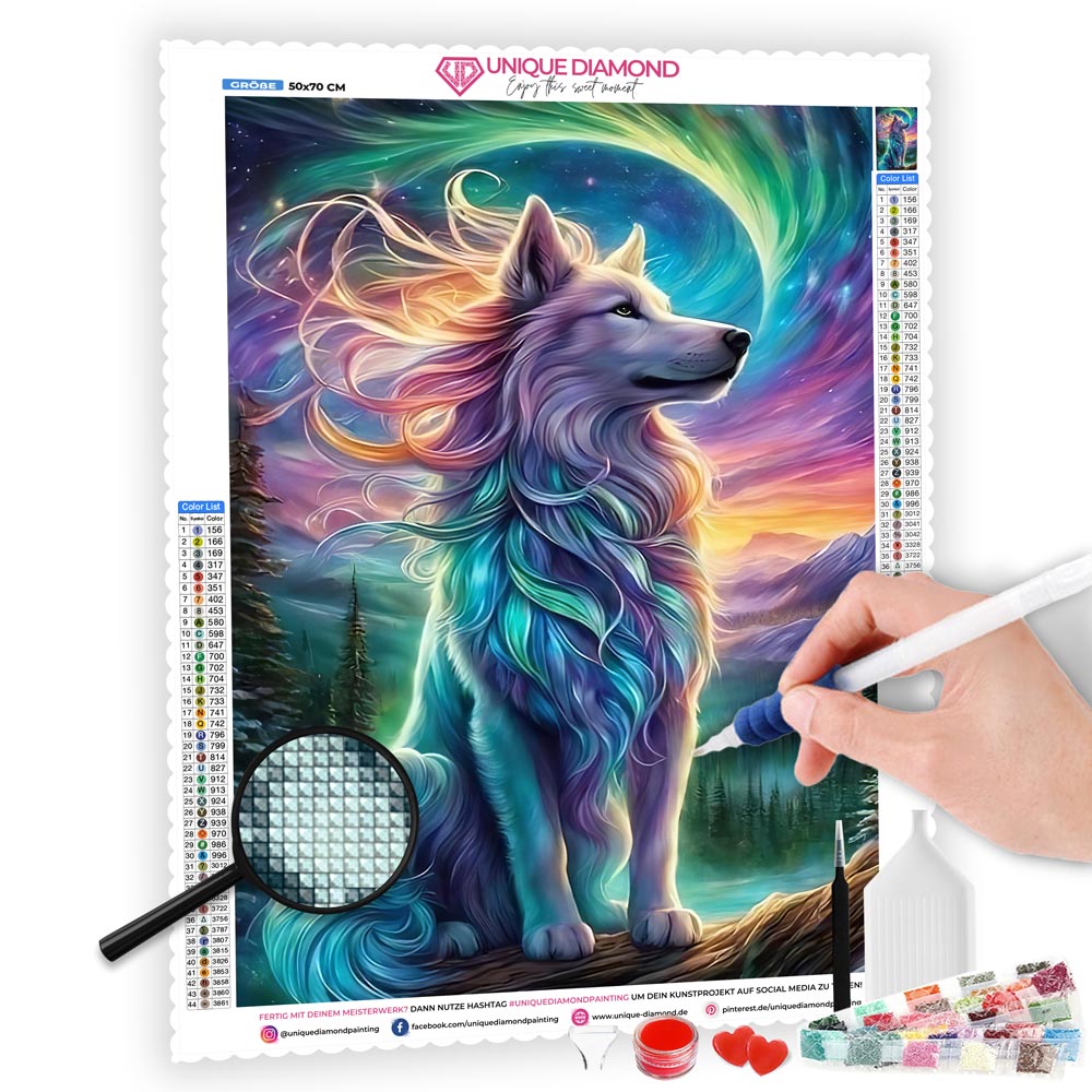 5D Diamond Painting AB Steine Aurora Wolf mit 100 Farben, Unique-Diamond