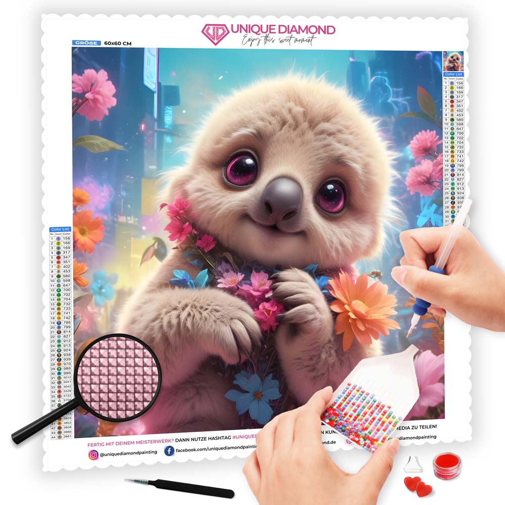 5D Diamond Painting AB Steine Baby Faultier mit 100 Farben, Unique-Diamond