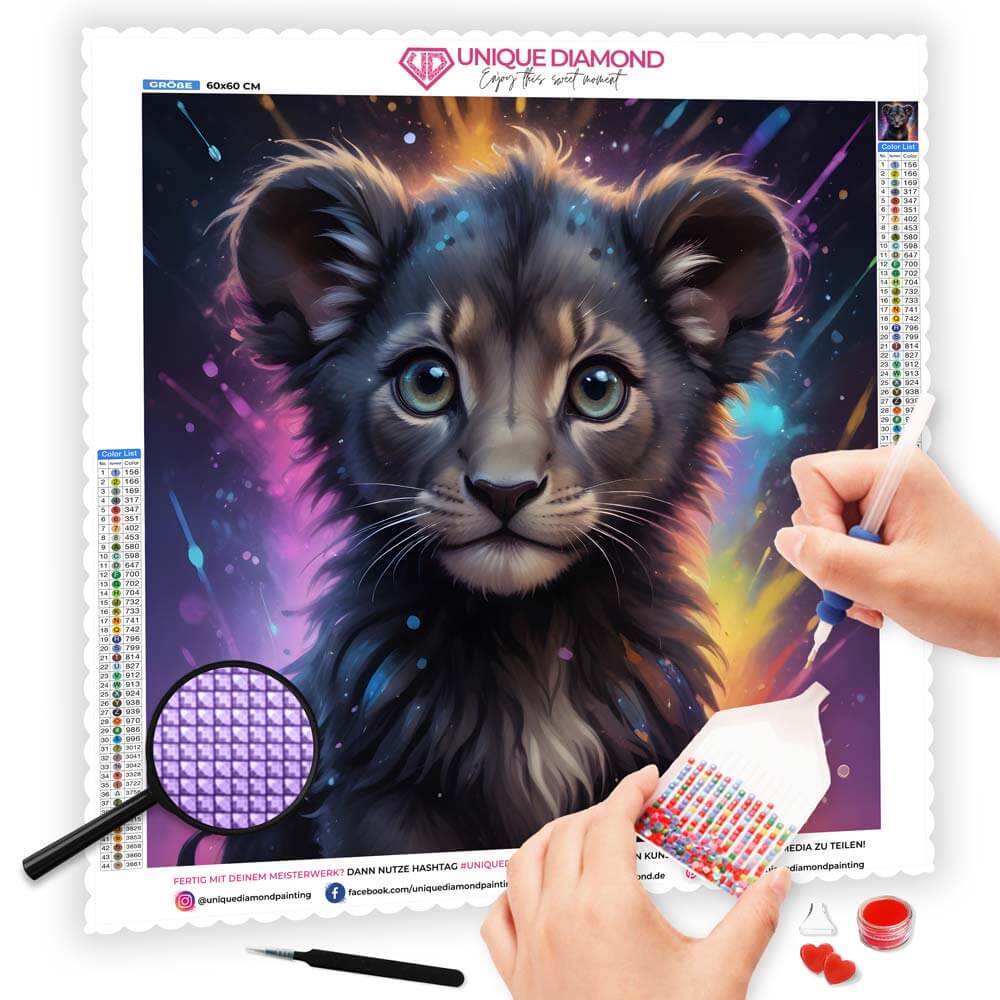 5D Diamond Painting AB Steine Baby Löwe mit 100 Farben, Unique-Diamond