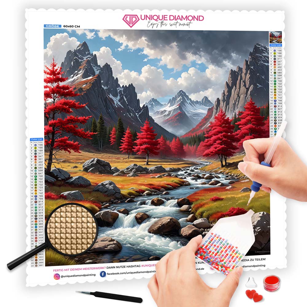 5D Diamond Painting AB Steine Berglandschaft mit 100 Farben, Unique-Diamond