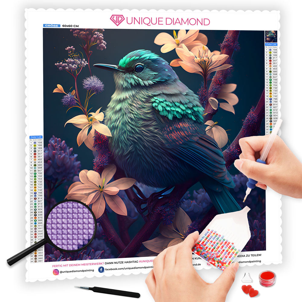 5D Diamond Painting AB Steine Bird With Flowers, Unique-Diamond