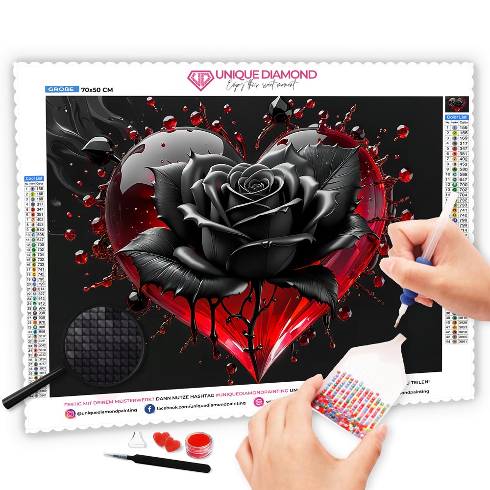 5D Diamond Painting AB Steine Black Rose With Heart, Unique-Diamond