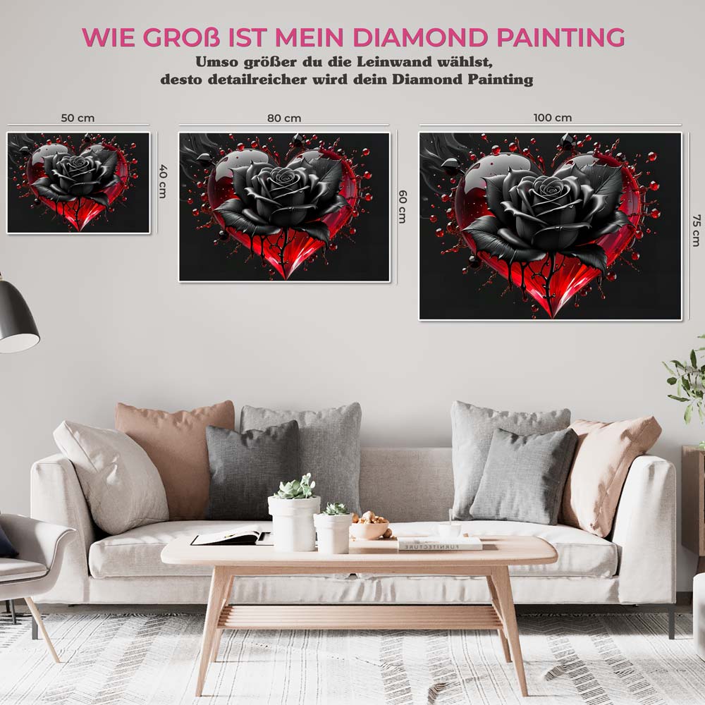 5D Diamond Painting AB Steine Black Rose With Heart, Unique-Diamond