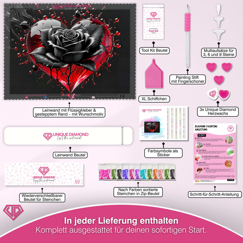 5D Diamond Painting – Black Rose With Heart Unique-Diamond