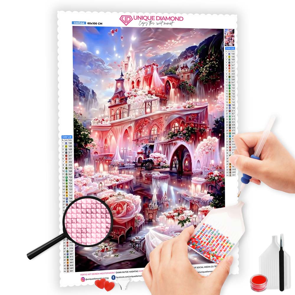 5D Diamond Painting XXL AB Steine Rosa Märchenschloss, Unique-Diamond