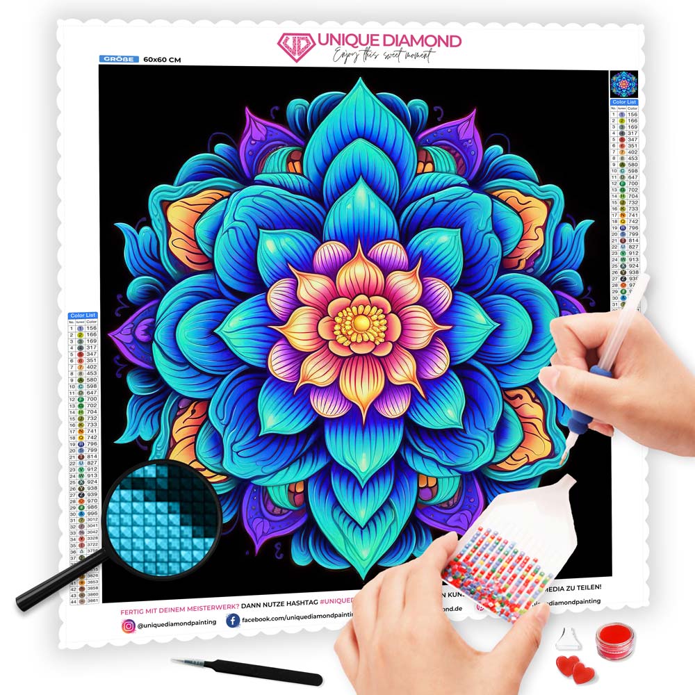 5D Diamond Painting AB Steine Blaue Mandala Blume, Unique-Diamond