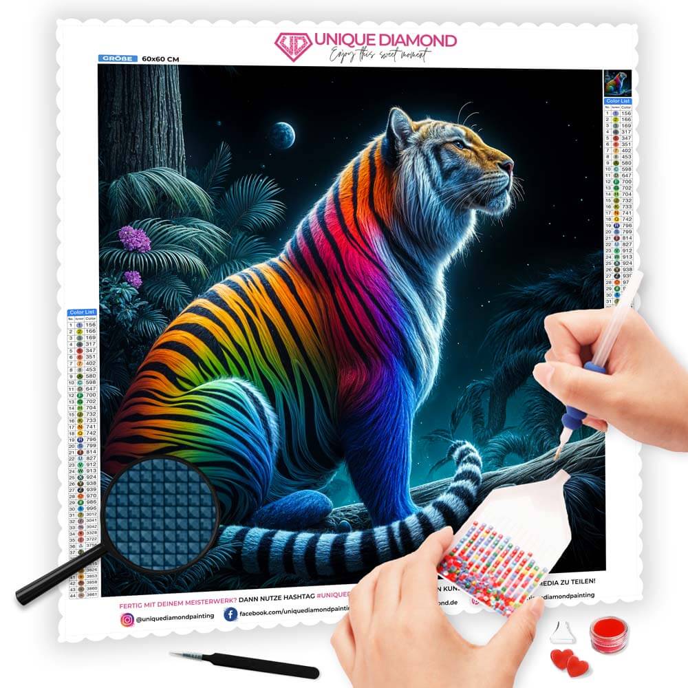 5D Diamond Painting AB Steine Colored Tiger mit 100 Farben, Unique-Diamond