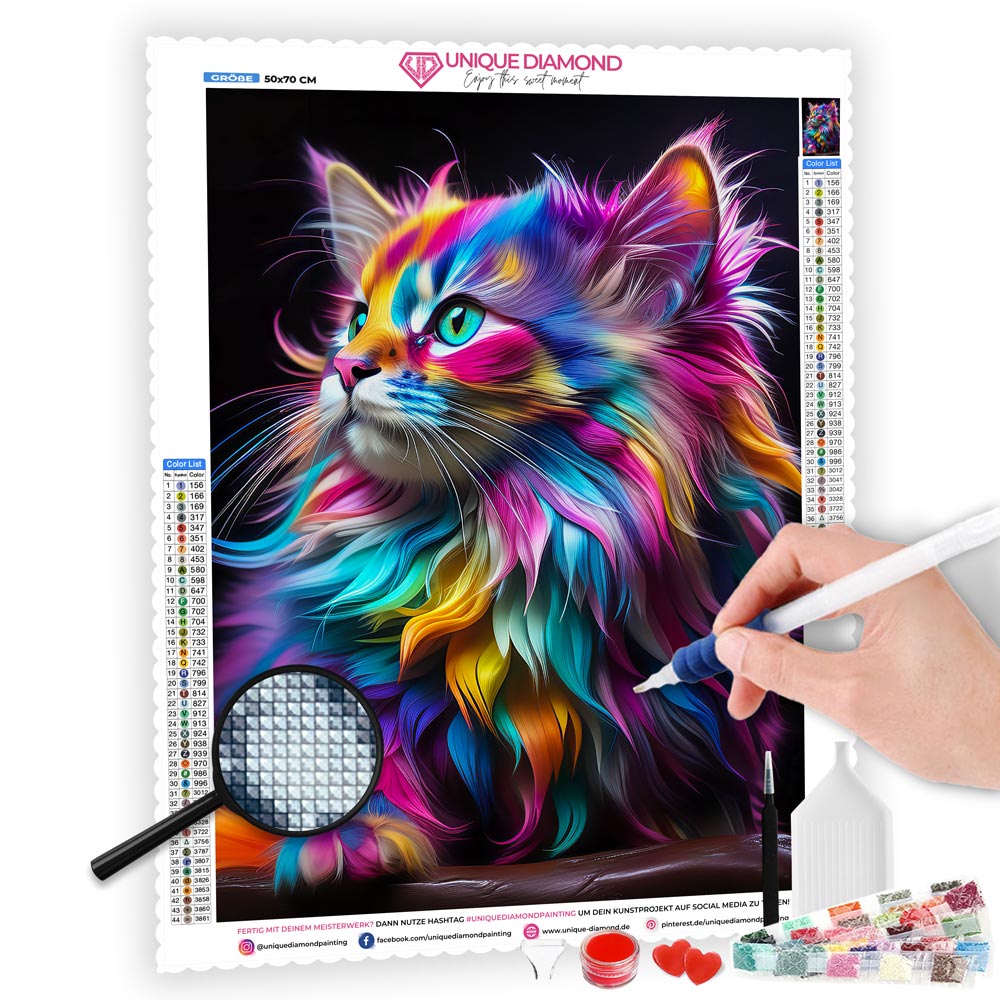 5D Diamond Painting AB Steine Colorful Cat mit 100 Farben, Unique-Diamond