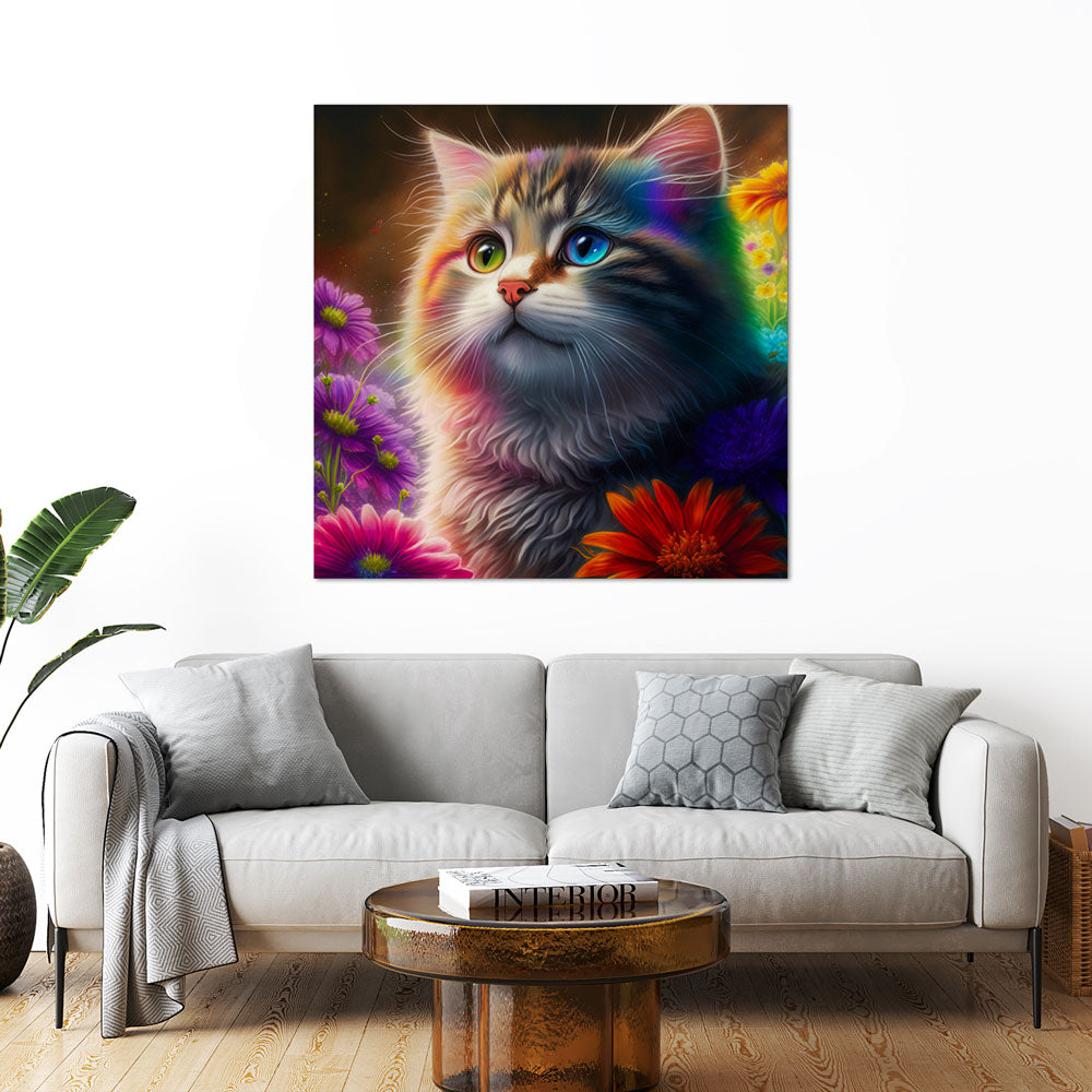 5D Diamond Painting AB Steine Colorful Cat In Flowers, Unique-Diamond