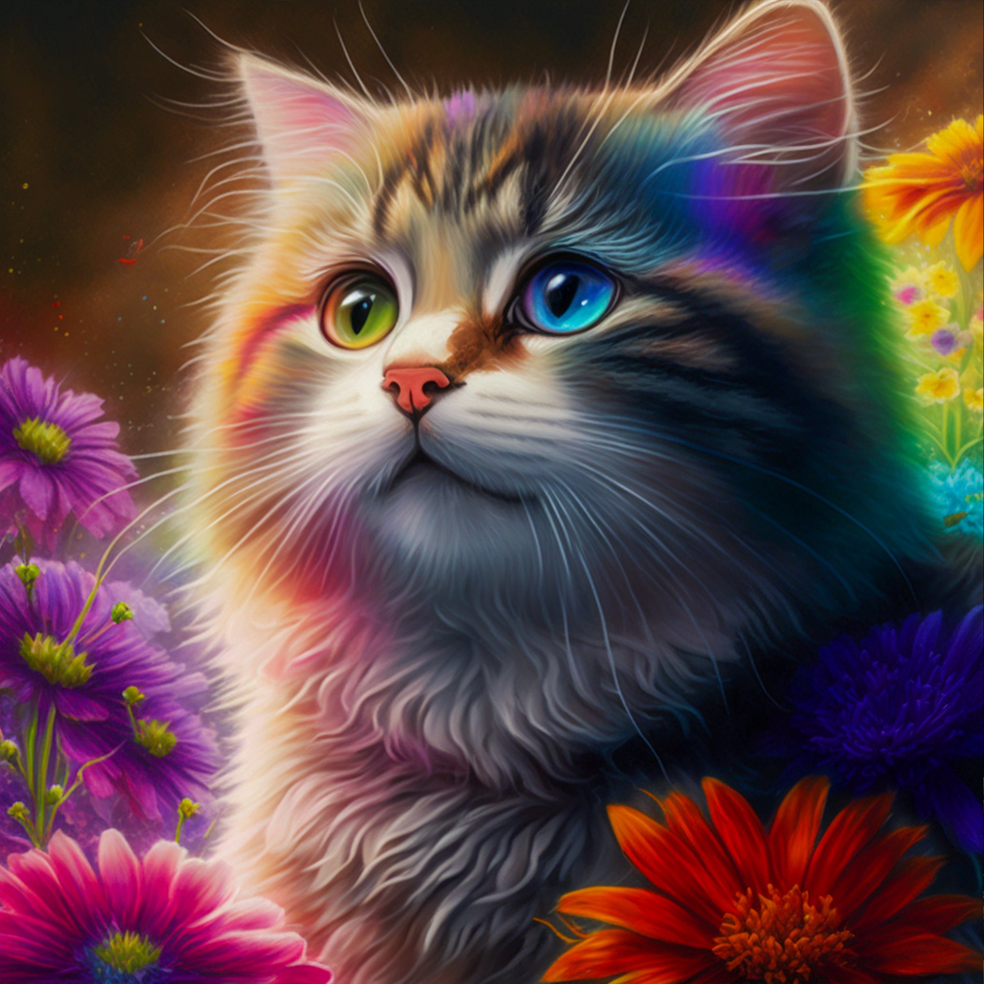 5D Diamond Painting AB Steine Colorful Cat In Flowers, Unique-Diamond