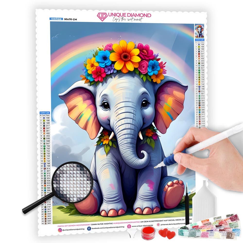 5D Diamond Painting AB Colorful Stuffed Elephant mit 100 Farben, Unique-Diamond