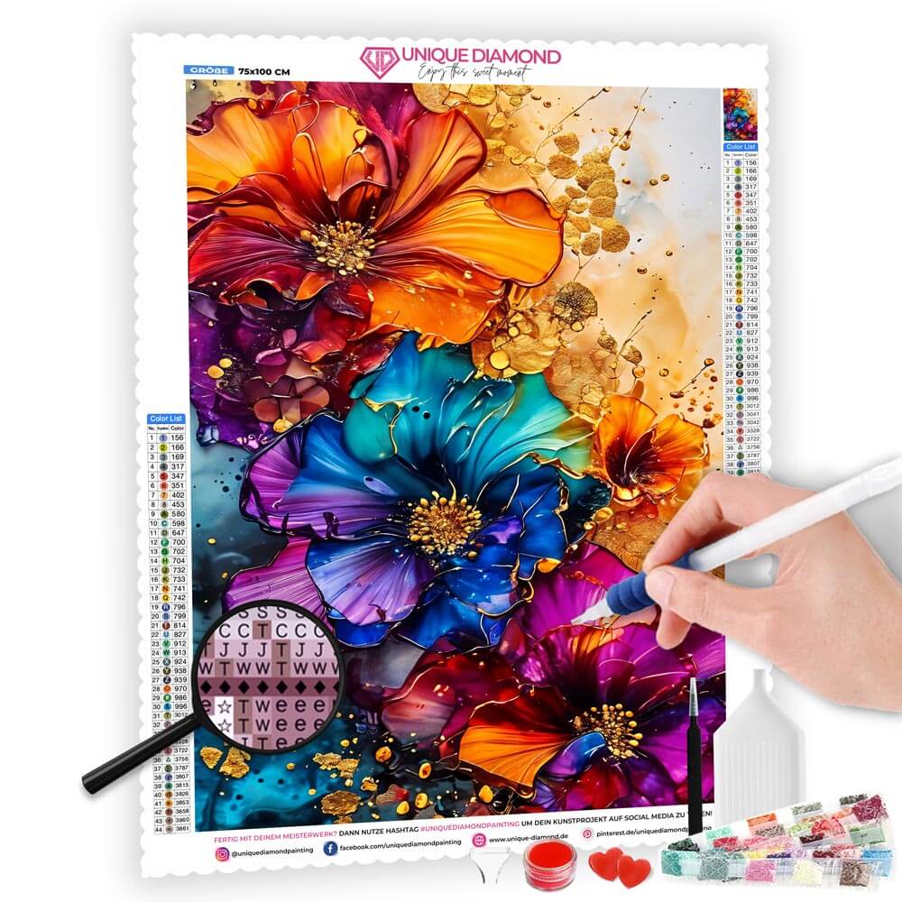 5D Diamond Painting AB Steine Colourful Flowers mit 100 Farben, Unique-diamodn