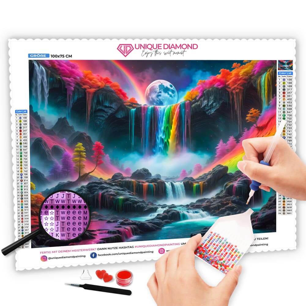 5D Diamond Painting AB Steine Colourful Waterfall mit 100 Farben, Unique-Diamond