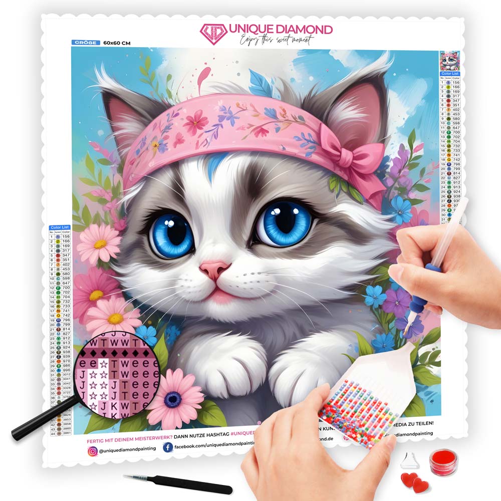 5D Diamond Painting AB Steine Cute Little Cat mit 100 Farben, Unique-Diamond