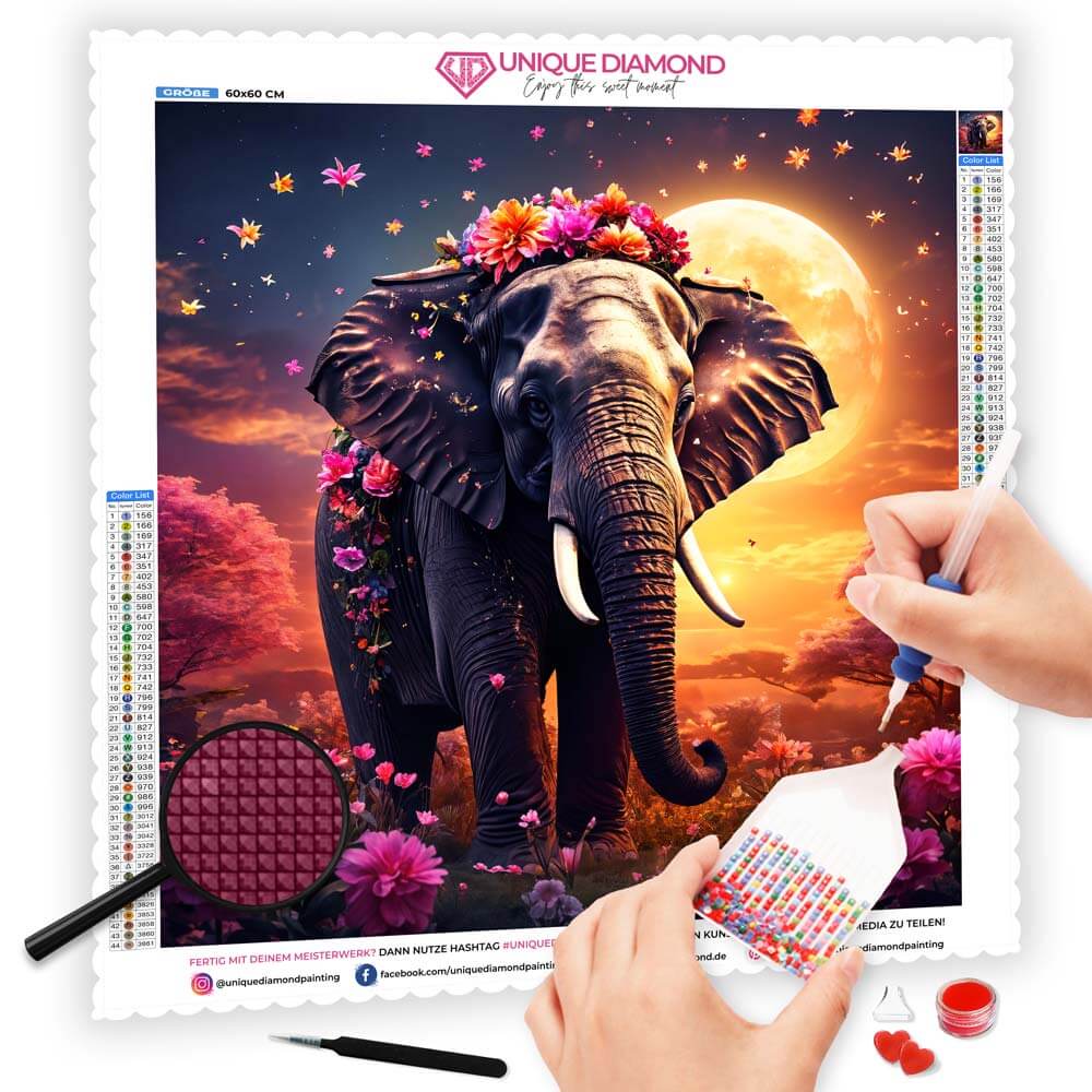 5D Diamond Painting AB Steine Elephantia Blossom Magic mit 100 Farben, Unique-Diamond