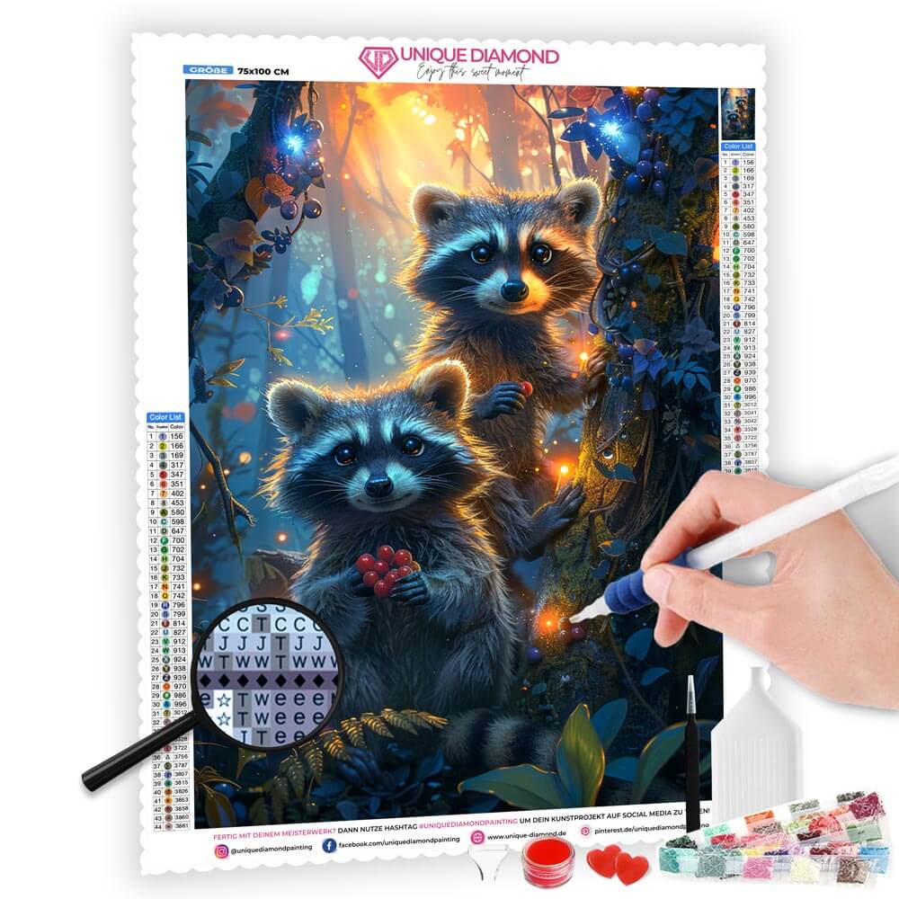 5D Diamond Painting AB Steine Enchanted Raccoon Family, Unique-Diamond