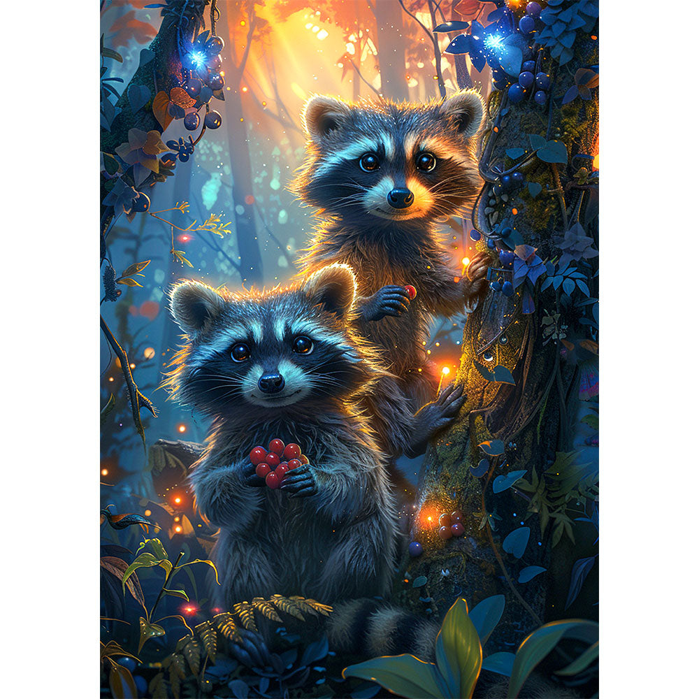 5D Diamond Painting AB Steine Enchanted Raccoon Family, Unique-Diamond