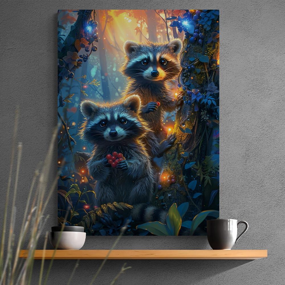 5D Diamond Painting AB Steine Enchanted Raccoon Family, Unique-Diamond