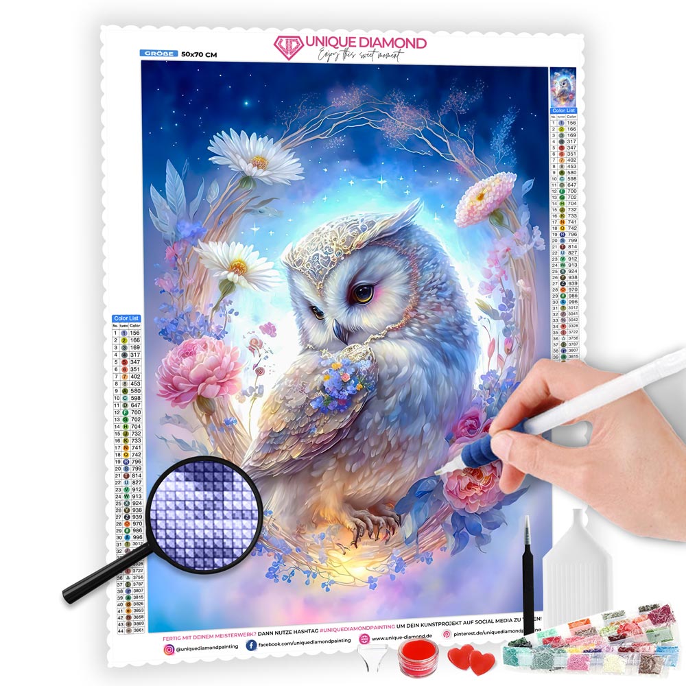5D Diamond Painting AB Steine Eule mit Blumen | Unique-Diamond