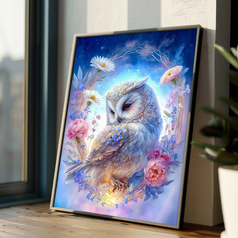 5D Diamond Painting – Eule mit Blumen Unique-Diamond