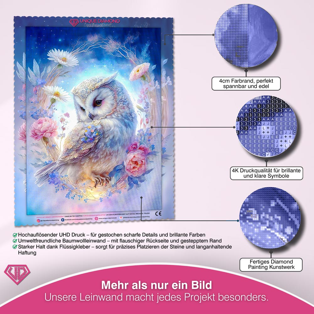 5D Diamond Painting – Eule mit Blumen Unique-Diamond