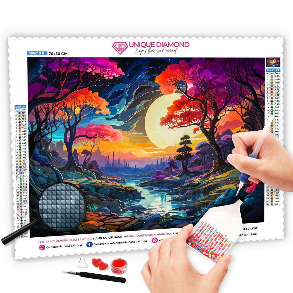 5D Diamond Painting AB Steine Fantasy Landschaft in Mondschein, Unique-Diamond