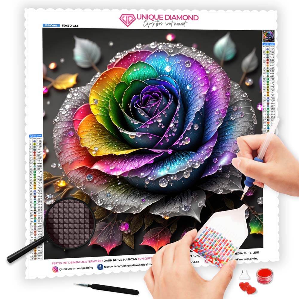 5D Diamond Painting AB Steine Farbige Rose mit 100 Farben, Unique-Diamond