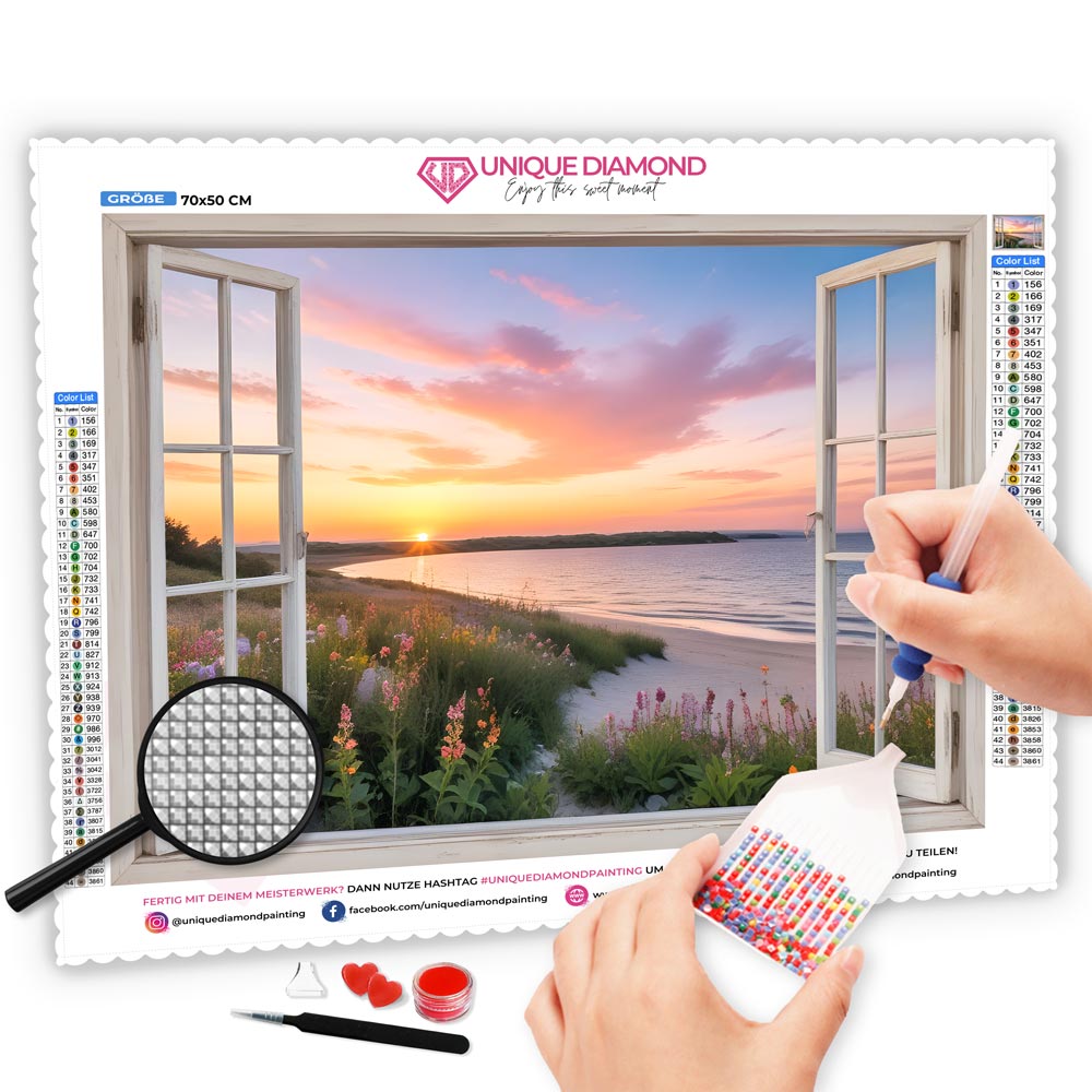 5D Diamond Painting AB Steine Fenster Strandblick mit 100 Farben, Unique-Diamond