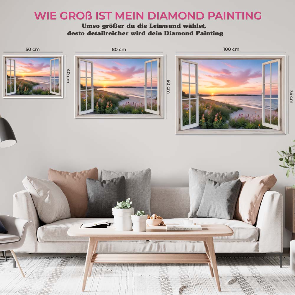 5D Diamond Painting AB Steine Fenster Strandblick mit 100 Farben, Unique-Diamond