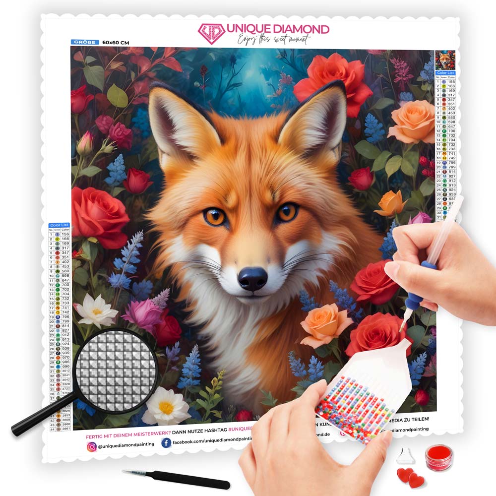 5D Diamond Painting AB Steine Flower Fox mit 100 Farben, Unique-Diamond