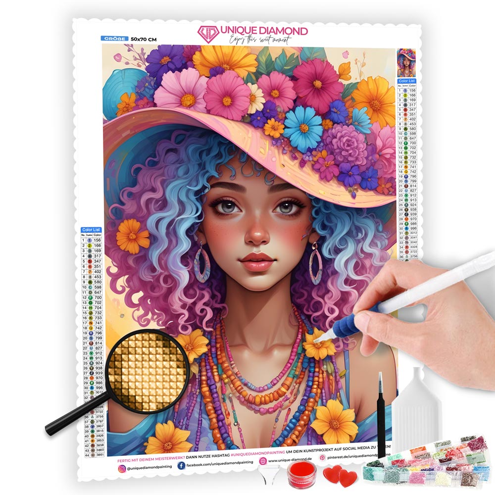 5D Diamond Painting AB Steine Flower Girl mit 100 Farben, Unique-Diamond